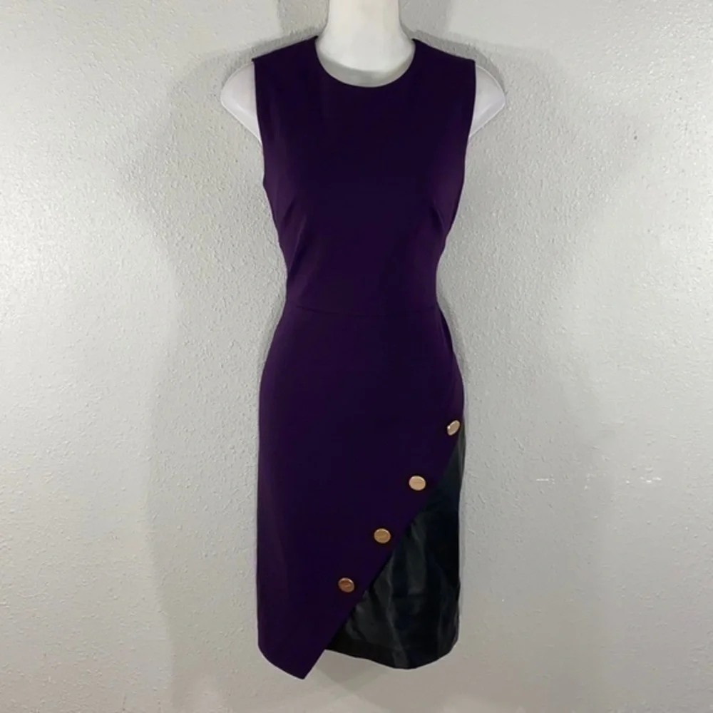 NWT DKNY purple faux leather detail sheath dress X1